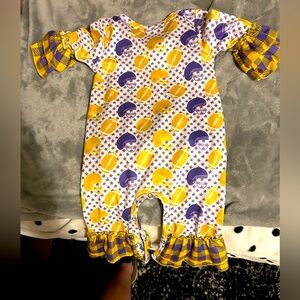 Jumper yellow and purple with ruffles on the bottom of legs and arms